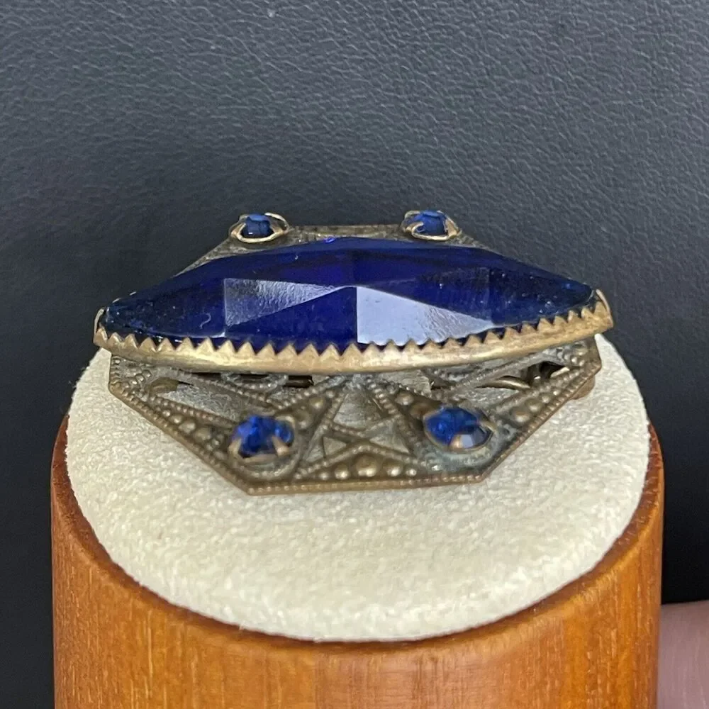 Antique Art Deco Antiqued Bronze Blue Glass Rhinestone Pin Brooch C Clasp
